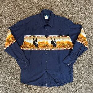 Vintage 90’s Wrangler Western Pearl Snap Shirt with Bull Rider Print Men’s Sz XL
